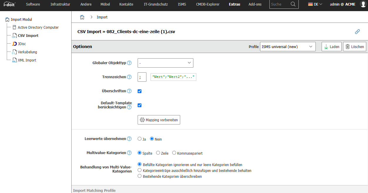CSV Import Optionen