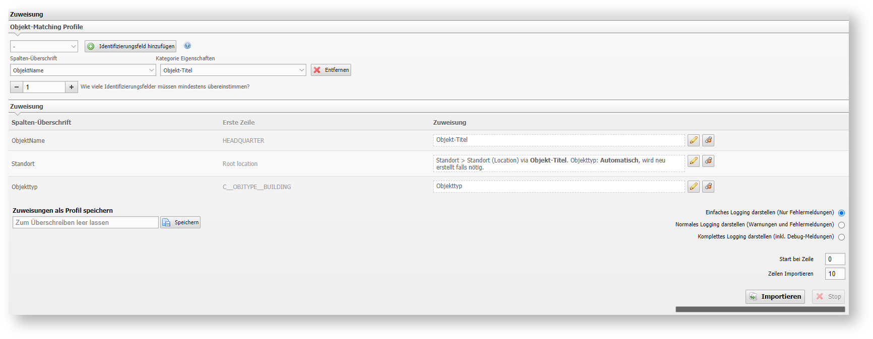 CSV Objekt Matching Profile
