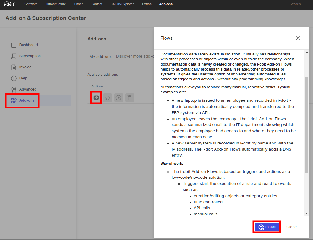 Add-ons öffnen und Flows Add-on installieren