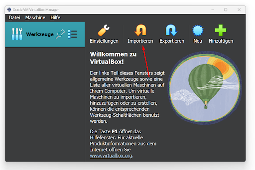 VirtualBox dashboard