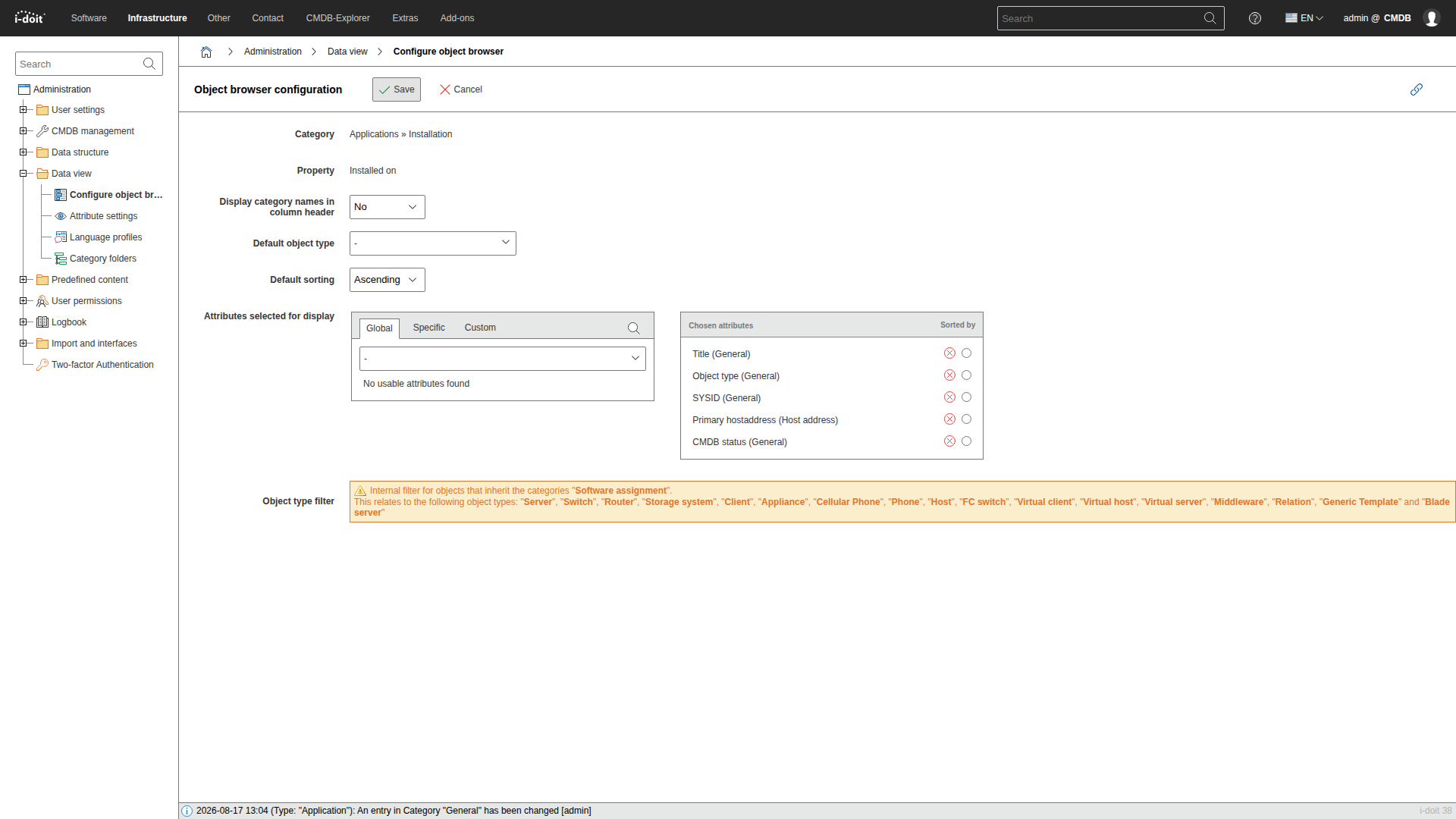 Configuration form of a single object browser