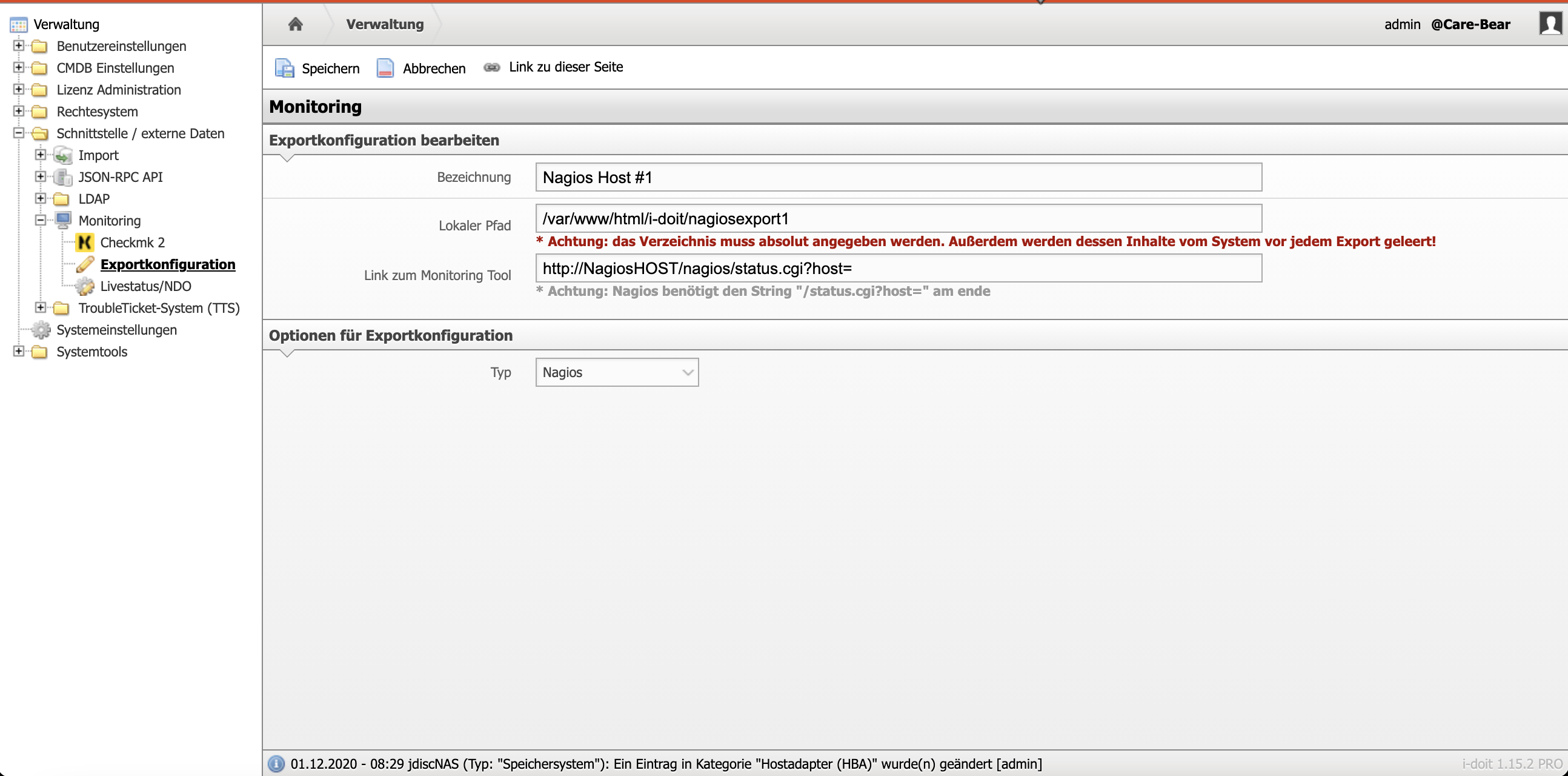 Export of the Nagios Configuration