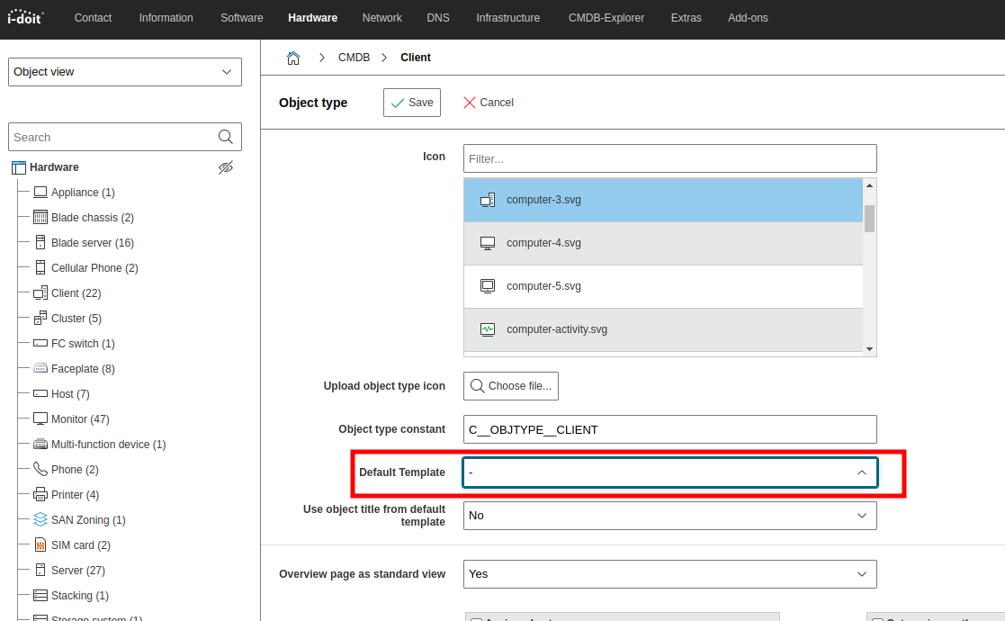 Default Template in the Object Type Configuration
